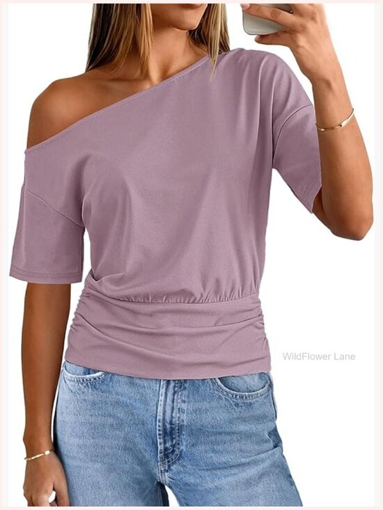 Tops - Off Shoulder Asymmetrical Tee Going Out Top Loose Fit Y2k